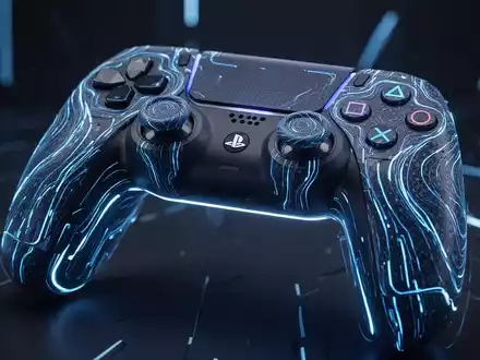A futuristic PlayStation controller with dynamically morphing textures and glowing blue lines, set against a dark, tech-inspired background. - Foto: über boerse-global.de
