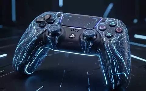 A futuristic PlayStation controller with dynamically morphing textures and glowing blue lines, set against a dark, tech-inspired background. - Foto: über boerse-global.de