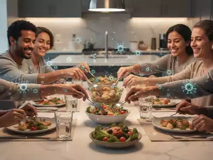 Eine Familie teilt eine Mahlzeit an einem Küchentisch, mit subtilen leuchtenden Mustern, die die Übertragung von Mikroorganismen symbolisieren. - Foto: über boerse-global.de