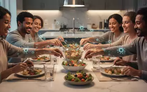 Eine Familie teilt eine Mahlzeit an einem Küchentisch, mit subtilen leuchtenden Mustern, die die Übertragung von Mikroorganismen symbolisieren. - Foto: über boerse-global.de
