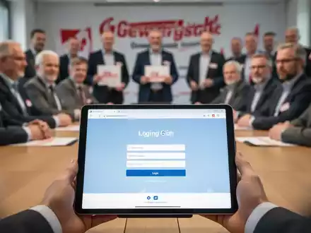 Digitales Login-Portal auf einem Tablet, im Hintergrund verschwommen eine Gruppe von Gewerkschaftsmitgliedern bei einem Treffen. - Foto: über boerse-global.de