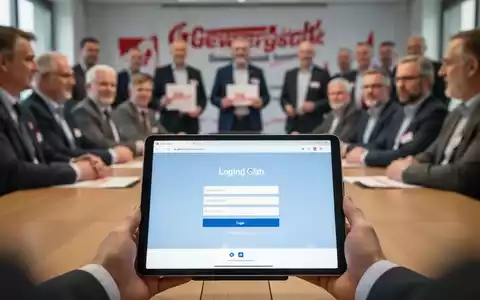 Digitales Login-Portal auf einem Tablet, im Hintergrund verschwommen eine Gruppe von Gewerkschaftsmitgliedern bei einem Treffen. - Foto: über boerse-global.de