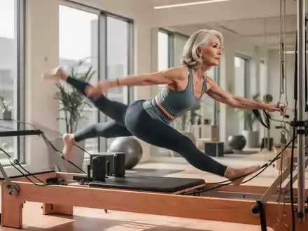 Eine fitte Frau über 50 führt eine Pilates-Übung an einem Reformer-Gerät in einem hellen Studio aus. - Foto: über boerse-global.de