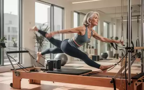 Eine fitte Frau über 50 führt eine Pilates-Übung an einem Reformer-Gerät in einem hellen Studio aus. - Foto: über boerse-global.de