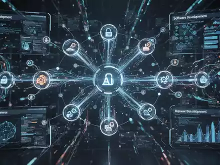 A complex network of glowing digital lines and nodes on a dark background, representing AI-powered autonomous workflows and data engineering. - Foto: über boerse-global.de