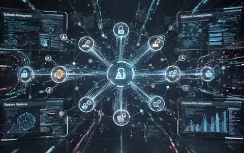 A complex network of glowing digital lines and nodes on a dark background, representing AI-powered autonomous workflows and data engineering. - Foto: über boerse-global.de