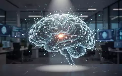 A glowing, abstract neural network brain with a highlighted connection point, set against a blurred background of a modern tech office. - Foto: über boerse-global.de