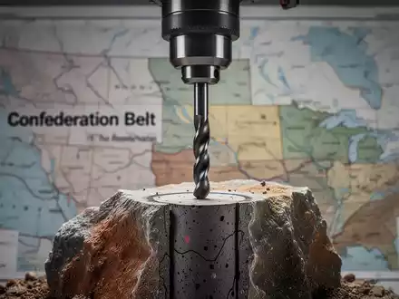 Nahaufnahme eines Bohrkerns und eines Bohrers, mit einer verschwommenen Karte des Confederation Belts im Hintergrund. - Foto: über boerse-global.de