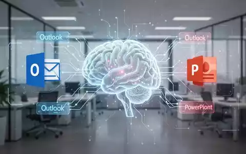 A glowing AI brain icon on a digital interface with Outlook and PowerPoint logos, connected by neural network lines, in a modern office. - Foto: über boerse-global.de