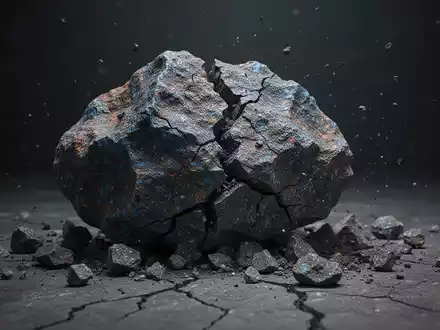 Ein einzelner, rissiger Vanadium-Erzbrocken, der auf einem dunklen Hintergrund zerfällt und einen Absturz symbolisiert. - Foto: über boerse-global.de