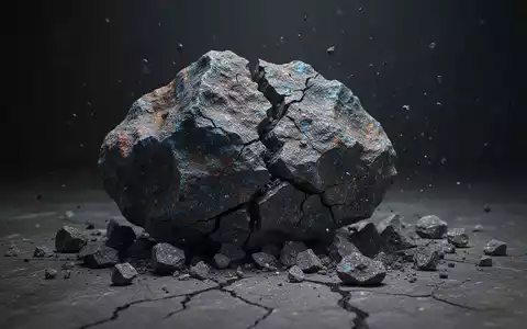 Ein einzelner, rissiger Vanadium-Erzbrocken, der auf einem dunklen Hintergrund zerfällt und einen Absturz symbolisiert. - Foto: über boerse-global.de
