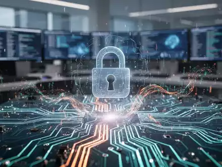 A glowing circuit board with abstract digital data flow, overlaid with a futuristic lock icon, symbolizing AI-driven security. - Foto: über boerse-global.de