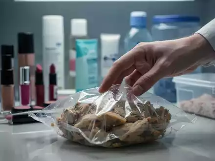 Eine Hand greift nach einem in Plastik verpackten Lebensmittel, im Hintergrund unscharf Chemikalien und Alltagsprodukte. - Foto: über boerse-global.de