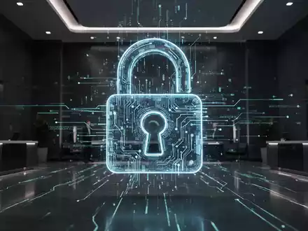 Ein stilisiertes, hochtechnologisches Vorhängeschloss-Symbol, überlagert von einem digitalen Datenstrom, im Hintergrund eine futuristische Banklobby. - Foto: über boerse-global.de