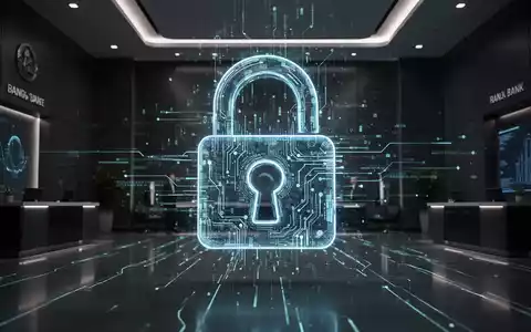 Ein stilisiertes, hochtechnologisches Vorhängeschloss-Symbol, überlagert von einem digitalen Datenstrom, im Hintergrund eine futuristische Banklobby. - Foto: über boerse-global.de