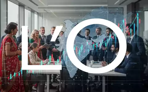 Geschäftsleute in einem modernen Büro, das indische und französische Elemente verbindet, mit einem Aktienchart über einer Indienkarte. - Foto: über boerse-global.de