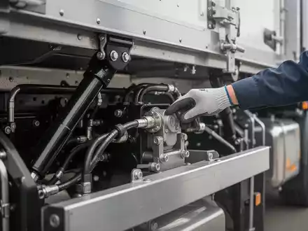 Nahaufnahme eines Technikers, der die Hydraulik einer LKW-Ladebordwand prüft, mit Fokus auf die Mechanik und die Hand des Inspektors. - Foto: über boerse-global.de