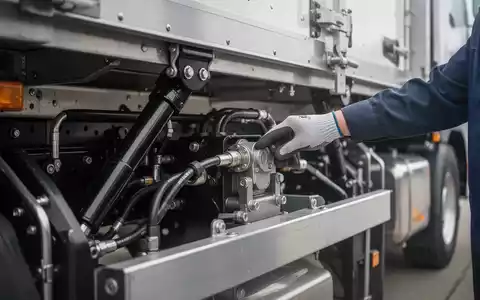 Nahaufnahme eines Technikers, der die Hydraulik einer LKW-Ladebordwand prüft, mit Fokus auf die Mechanik und die Hand des Inspektors. - Foto: über boerse-global.de