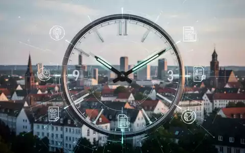 Ein stilisiertes Zifferblatt mit schnell bewegten Zeigern, überlagert von digitalen Symbolen für Unternehmensgründung, vor der Stadt Bielefeld. - Foto: über boerse-global.de