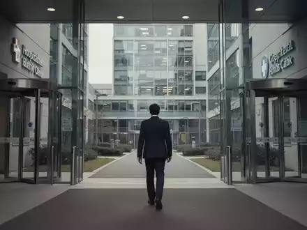 Eine Person geht von einem Krankenhaus auf ein Bürogebäude zu, symbolisiert den Übergang von Krankheit zur Arbeit. - Foto: über boerse-global.de