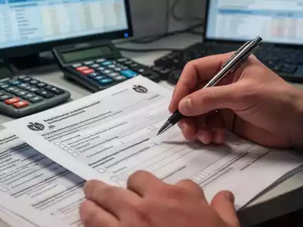 Hände füllen detaillierte Formulare aus, mit einem Stift und einem Taschenrechner im Hintergrund, was administrative Prozesse darstellt. - Foto: über boerse-global.de