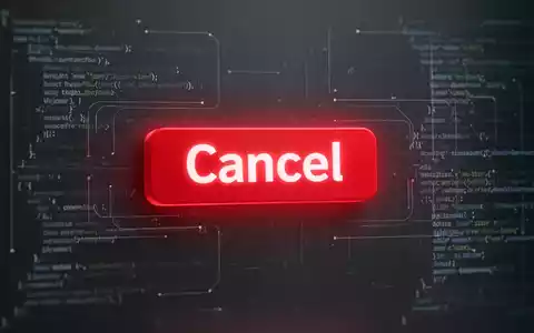 Ein leuchtend roter 'Cancel'-Button auf einer digitalen Benutzeroberfläche, umgeben von Code und Daten, symbolisiert E-Commerce und Regulierung. - Foto: über boerse-global.de