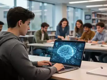 A student looking at a laptop displaying AI graphics in a modern university setting, symbolizing the integration of AI in education. - Foto: über boerse-global.de
