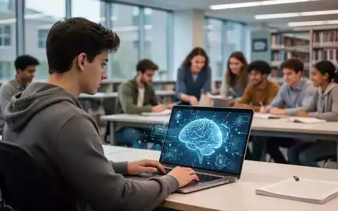 A student looking at a laptop displaying AI graphics in a modern university setting, symbolizing the integration of AI in education. - Foto: über boerse-global.de
