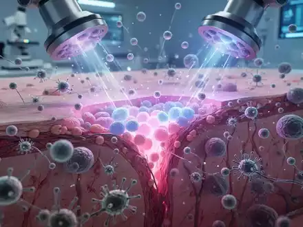 Nahaufnahme von Hautzellen und Bakterien, die mit Nanopartikeln und Licht interagieren, symbolisiert innovative Wundheilung. - Foto: über boerse-global.de