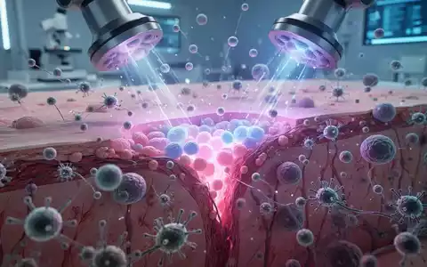 Nahaufnahme von Hautzellen und Bakterien, die mit Nanopartikeln und Licht interagieren, symbolisiert innovative Wundheilung. - Foto: über boerse-global.de