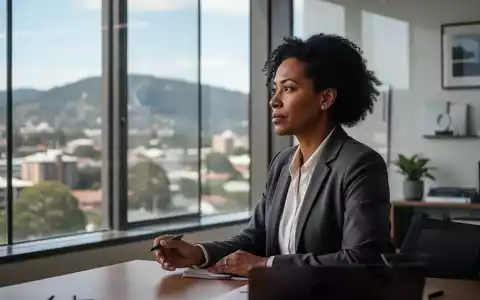 Eine nachdenkliche Psychologin sitzt in einem modernen Büro in Sydney, NSW, Australien, mit Blick auf die Stadt. - Foto: über boerse-global.de