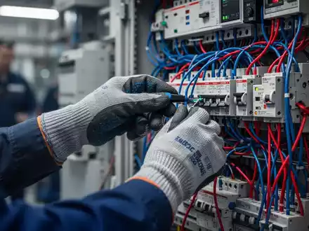Hände eines Elektroingenieurs mit Sicherheitshandschuhen, die präzise an komplexen Kabeln in einem Schaltschrank arbeiten. - Foto: über boerse-global.de