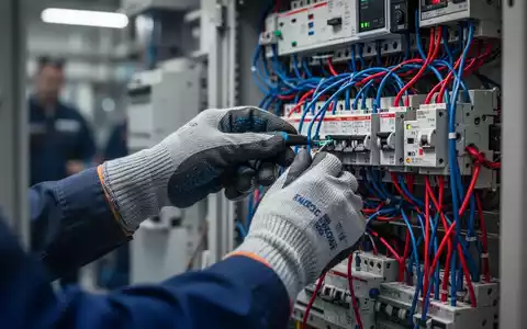 Hände eines Elektroingenieurs mit Sicherheitshandschuhen, die präzise an komplexen Kabeln in einem Schaltschrank arbeiten. - Foto: über boerse-global.de