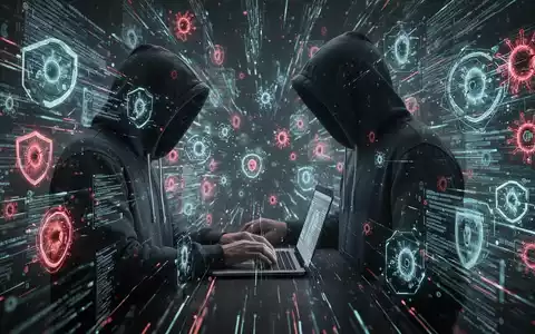 Eine Person mit Kapuzenpullover tippt auf einem Laptop, umgeben von digitalen Datenströmen und Symbolen für Cyberbedrohungen. - Foto: über boerse-global.de