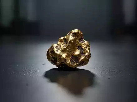 Ein einzelner, angelaufener Goldklumpen liegt auf einer dunklen, reflektierenden Oberfläche. - Foto: über boerse-global.de