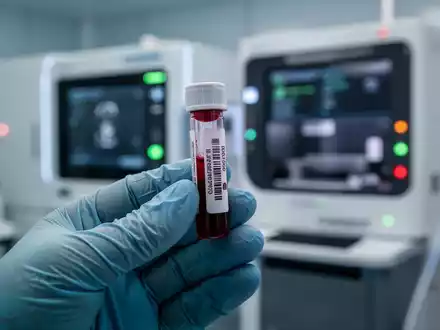 Eine Nahaufnahme eines Blutröhrchens, das von einer behandschuhten Hand in einem modernen Labor gehalten wird, mit unscharfen Diagnostikgeräten im Hintergrund. - Foto: über boerse-global.de