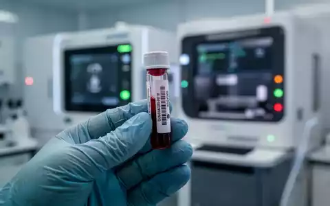 Eine Nahaufnahme eines Blutröhrchens, das von einer behandschuhten Hand in einem modernen Labor gehalten wird, mit unscharfen Diagnostikgeräten im Hintergrund. - Foto: über boerse-global.de