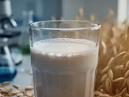 Ein Nahaufnahme eines Glases Haferdrink in einem professionellen, gut beleuchteten Studio, das Reinheit und wissenschaftliche Prüfung suggeriert. - Foto: über boerse-global.de