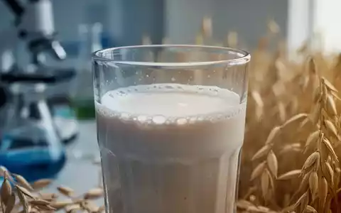 Ein Nahaufnahme eines Glases Haferdrink in einem professionellen, gut beleuchteten Studio, das Reinheit und wissenschaftliche Prüfung suggeriert. - Foto: über boerse-global.de