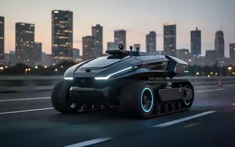 Ein elegantes, futuristisches unbemanntes Bodenfahrzeug (UGV) auf einer Teststrecke in der Dämmerung mit einer verschwommenen Stadtkulisse. - Foto: über boerse-global.de