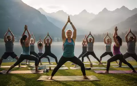 Eine Gruppe von Menschen praktiziert Yoga im Freien in einer malerischen österreichischen Landschaft mit Bergen und einem See. - Foto: über boerse-global.de