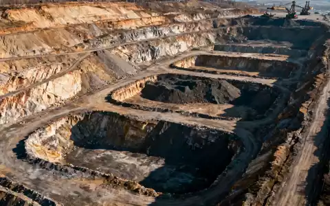 Luftaufnahme eines 7,4 Kilometer langen Bergbaukorridors mit vier verschiedenen Abbauzonen und schweren Maschinen. - Foto: über boerse-global.de