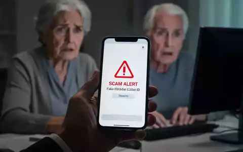 Eine Nahaufnahme einer Hand, die ein Smartphone mit einer Betrugswarnung hält, im Hintergrund ein besorgter Senior am Computer. - Foto: über boerse-global.de