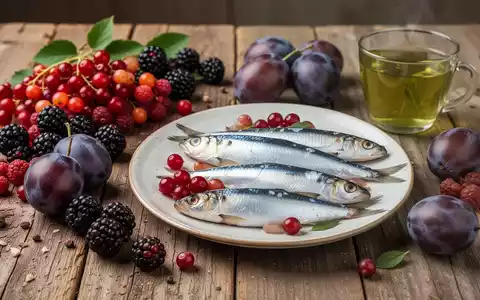 Eine Nahaufnahme von herzgesunden Lebensmitteln, darunter Beeren, Pflaumen, grüner Tee und Sardinen, appetitlich angerichtet. - Foto: über boerse-global.de