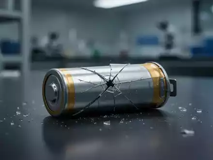 Eine beschädigte Lithium-Ionen-Batteriezelle auf dunklem Untergrund, die einen starken Wertverlust symbolisiert. - Foto: über boerse-global.de