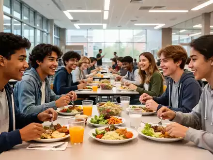 Eine vielfältige Gruppe von Menschen teilt eine Mahlzeit in einer modernen Kantine, die Solidarität und Gemeinschaft widerspiegelt. - Foto: über boerse-global.de