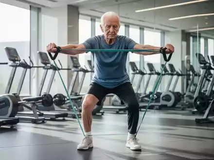 Eine ältere Person trainiert mit Widerstandsbändern in einem hellen Fitnessstudio und konzentriert sich auf Arm- und Beinübungen. - Foto: über boerse-global.de