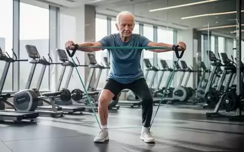 Eine ältere Person trainiert mit Widerstandsbändern in einem hellen Fitnessstudio und konzentriert sich auf Arm- und Beinübungen. - Foto: über boerse-global.de