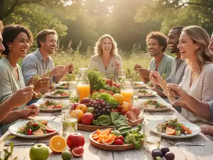Eine Gruppe von Menschen genießt ein leichtes, gesundes Sommermenü im Freien mit frischen Früchten und Gemüse. - Foto: über boerse-global.de