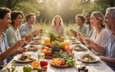 Eine Gruppe von Menschen genießt ein leichtes, gesundes Sommermenü im Freien mit frischen Früchten und Gemüse. - Foto: über boerse-global.de